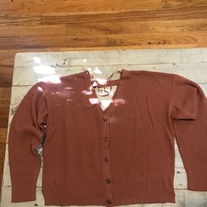 Brown womens sweater button front v neck